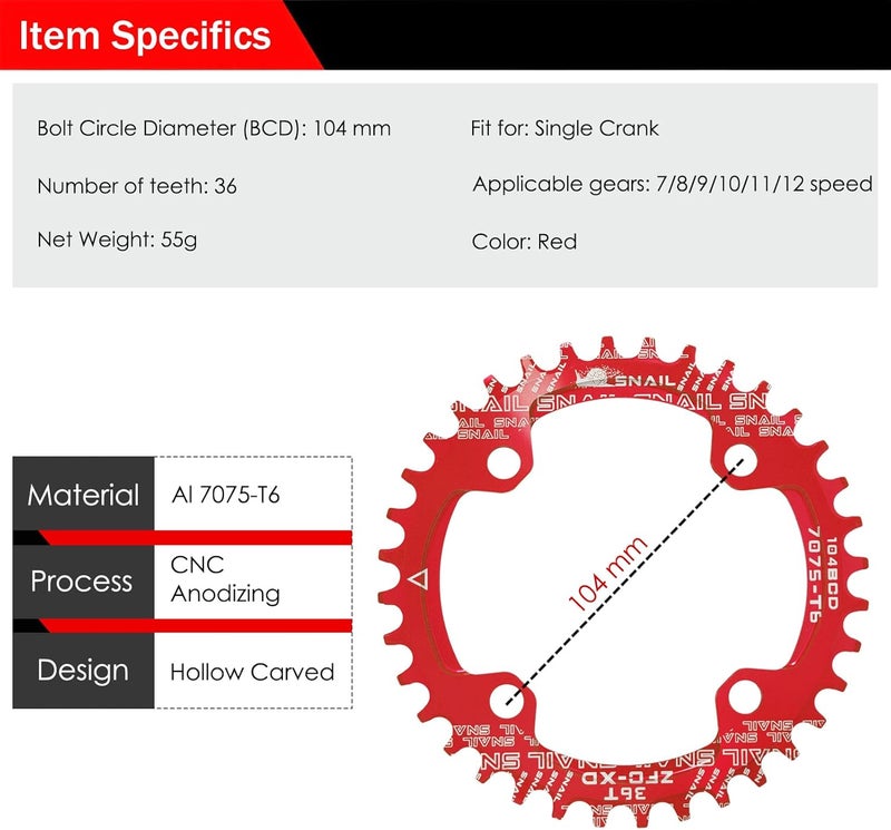 BESNIN Chainring 104 BCD Chainring 30T 32T 34T 36T 38T 40T 42T 44T 46T 48T 50T 52T Narrow Wide Tooth Round Chainring for 7/8/9/10/11/12 Speed MTB BMX Road Bike - Image 2